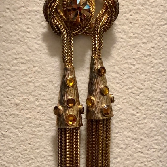 Vintage Gold Crystal Rhinestone Tassel Necklace - Picture 6 of 9